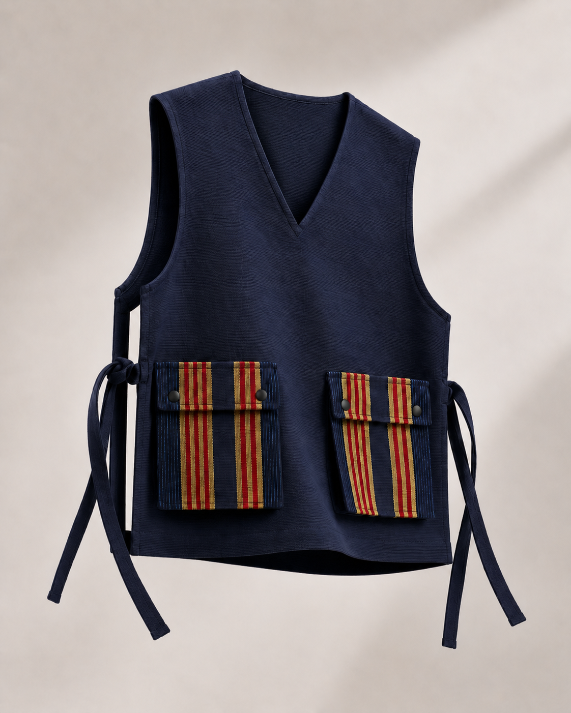 IBERƎ Apron Vest — an open-sided, tie-closed layering vest, tailored by hand in Lagos, Nigeria.