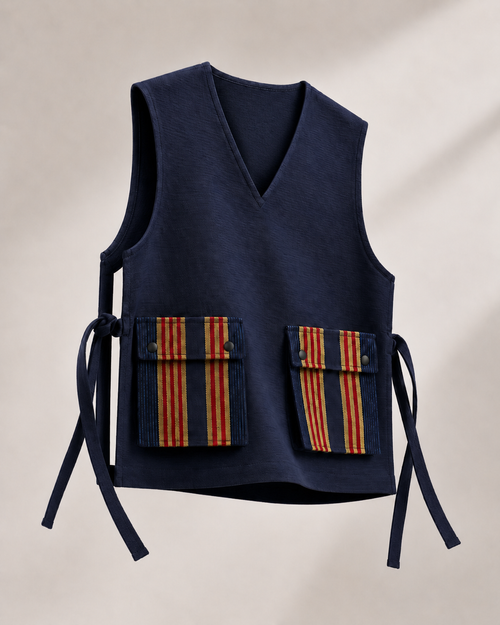 IBERƎ Apron Vest — an open-sided, tie-closed layering vest, tailored by hand in Lagos, Nigeria.