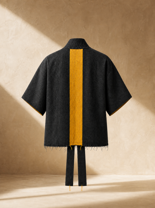 Detail of the IBERƎ Aso Oke Kimono — handwoven Aso Oke fabric texture and hand-finished tie closure, made to order in Lagos, Nigeria.