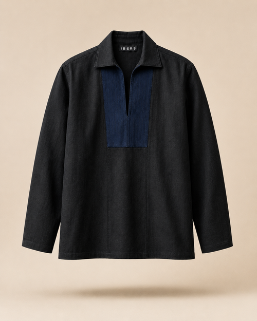 IBERƎ Collar Shirt — a hand-finished cotton shirt with a relaxed silhouette, tailored in Lagos, Nigeria.
